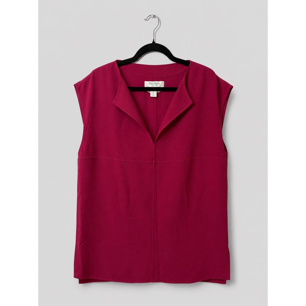 Max Mara Fuchsia Berry Pink Virgin Wool Split Neck Blouse Italy 12